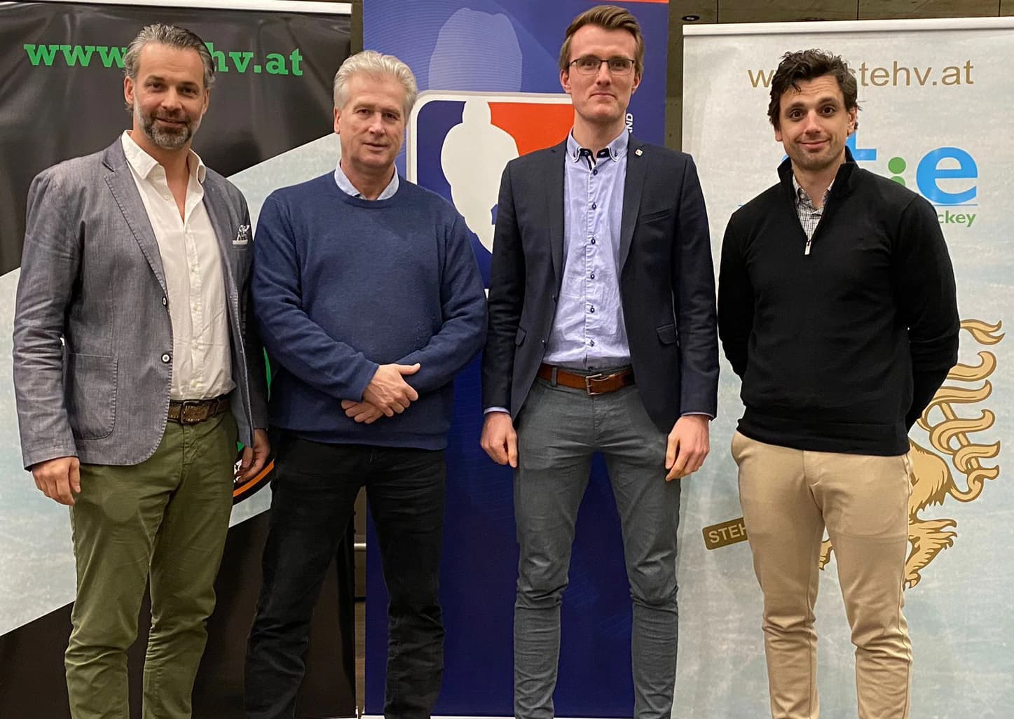 STEHV Präsident Philipp Hofer, ÖEHV Sportdirektor Roger Bader, ÖEHV Sports Coordinator Timo Gless und ÖEHV Ausbildungs- und Entwicklungsleiter Nachwuchs Florian Mühlstein