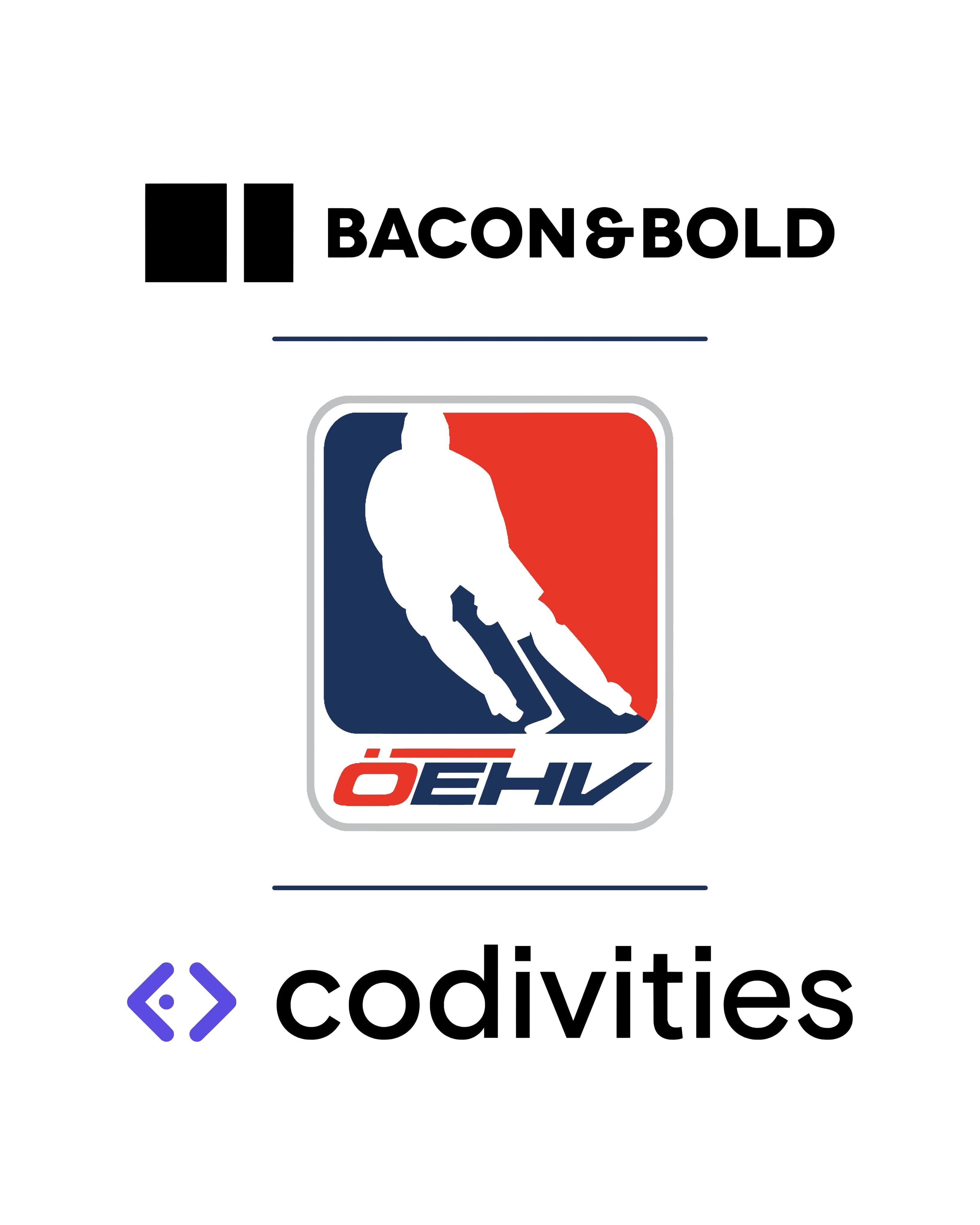 Logos von Bacon & Bold, ÖEHV und Codivities, den Partnern beim Relaunch von eishockey.at.