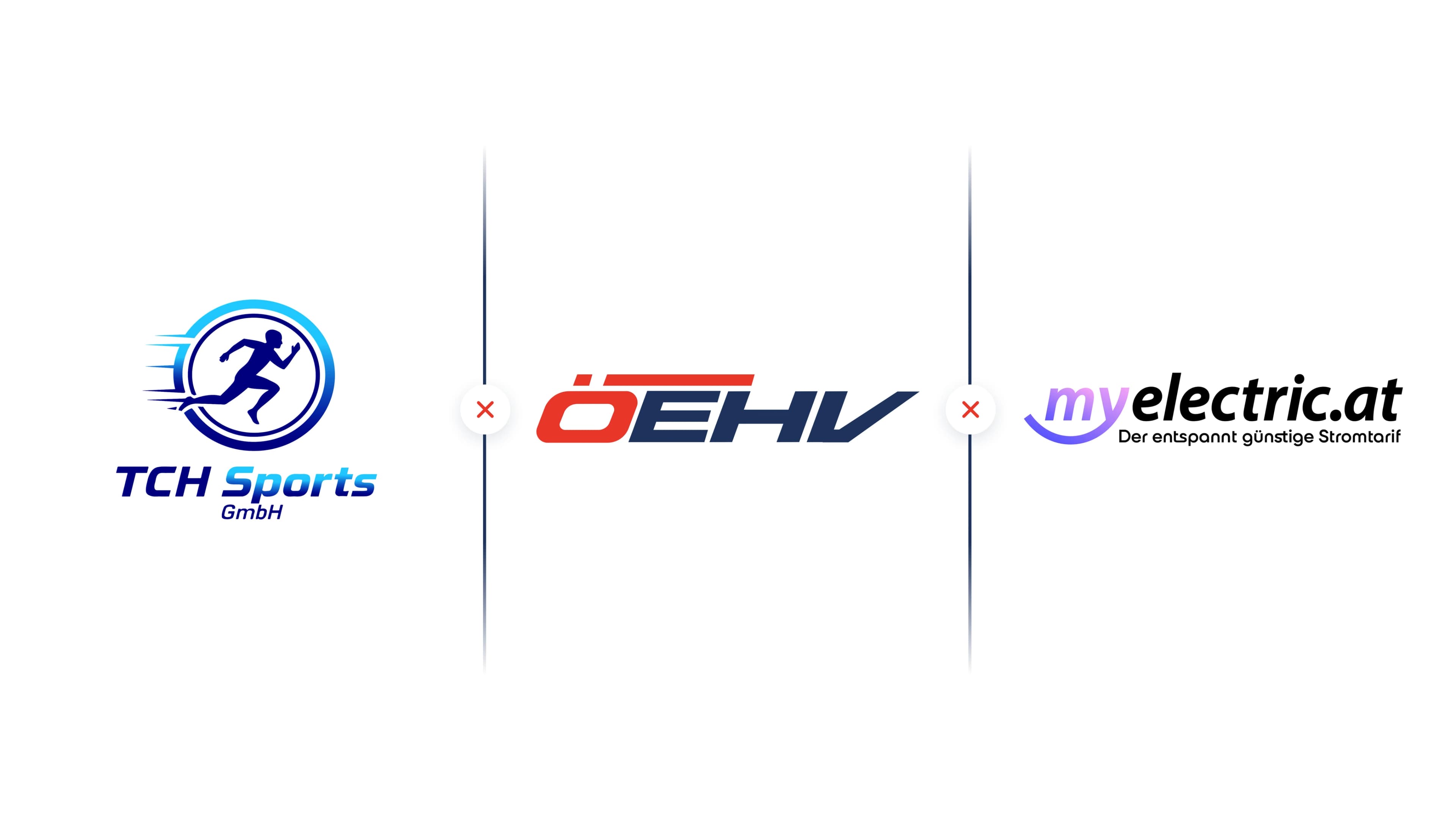 Partnerschafts-Grafik mit drei Logos, getrennt durch X-Symbole: TCH Sports GmbH, ÖEHV und myelectric.at – der entspannt günstige Stromtarif.