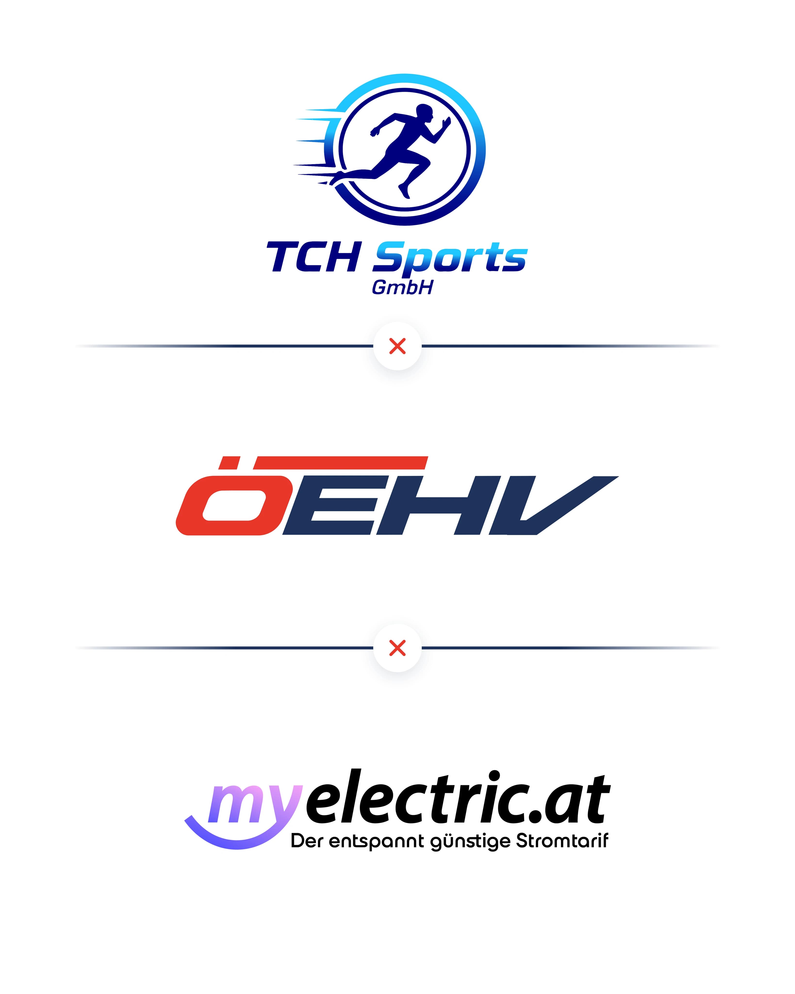 Partnerschafts-Grafik mit drei Logos, getrennt durch X-Symbole: TCH Sports GmbH, ÖEHV und myelectric.at – der entspannt günstige Stromtarif.